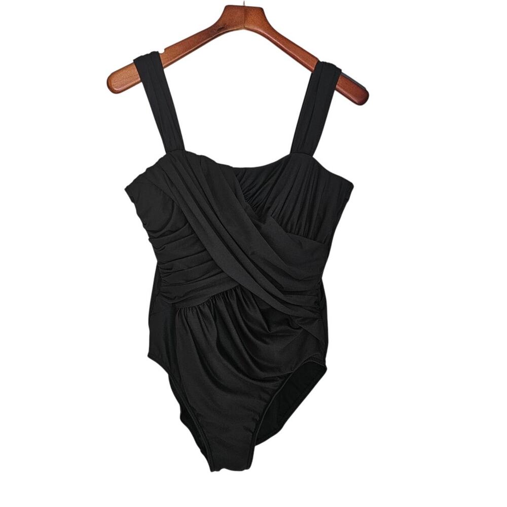 Miraclesuit Black Ruched One Piece Swimsuit Tummy Control Size 14